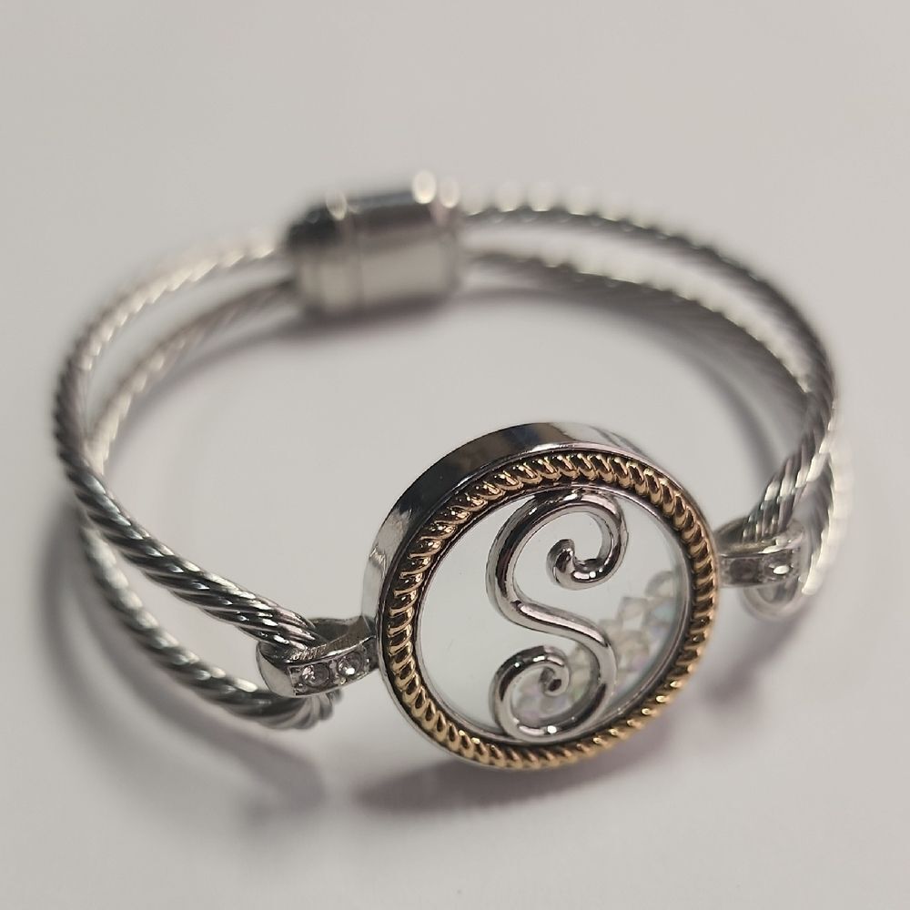 Elegant Silver and Gold Initial monogram Bracelet Magnetic closure